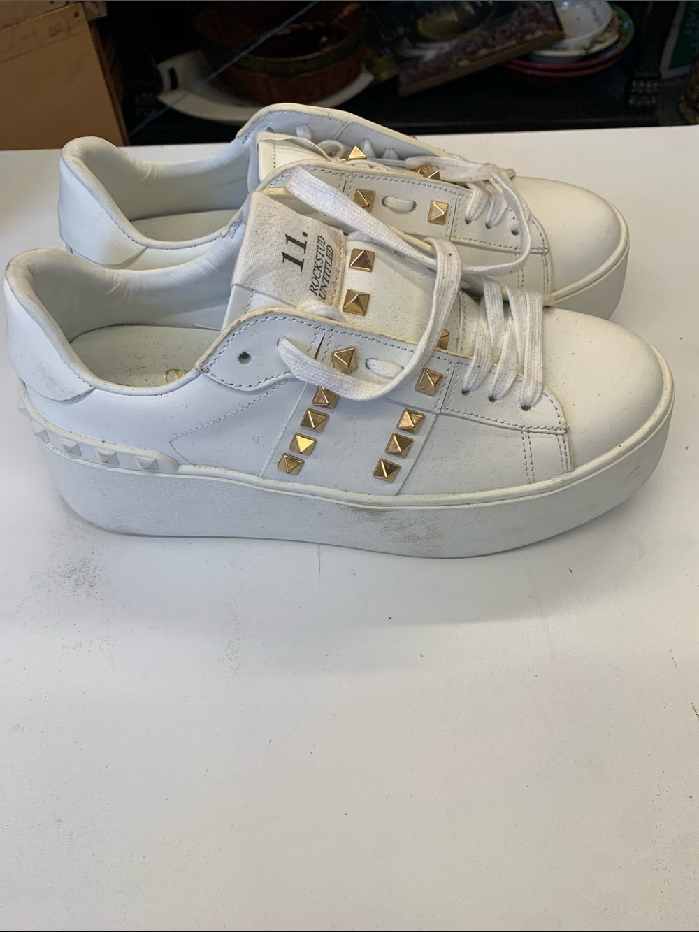 Valentino White Leather Platform Sneakers with Gold Studs